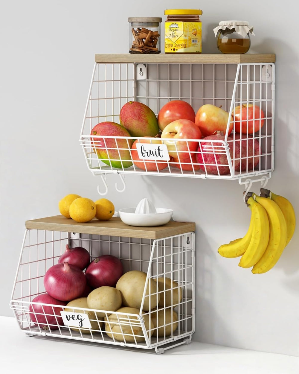 Goozii White Fruit Storage Basket for Kitchen Counter Set of 2, Wall Mount Wi...