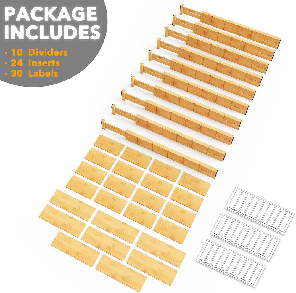 SpaceAid Bamboo Drawer Dividers with Inserts and Labels, Kitchen Adjustable D...