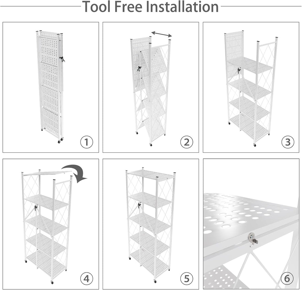 5-Tier Folding Shelf with Wheels No Assembly Portable Shelves