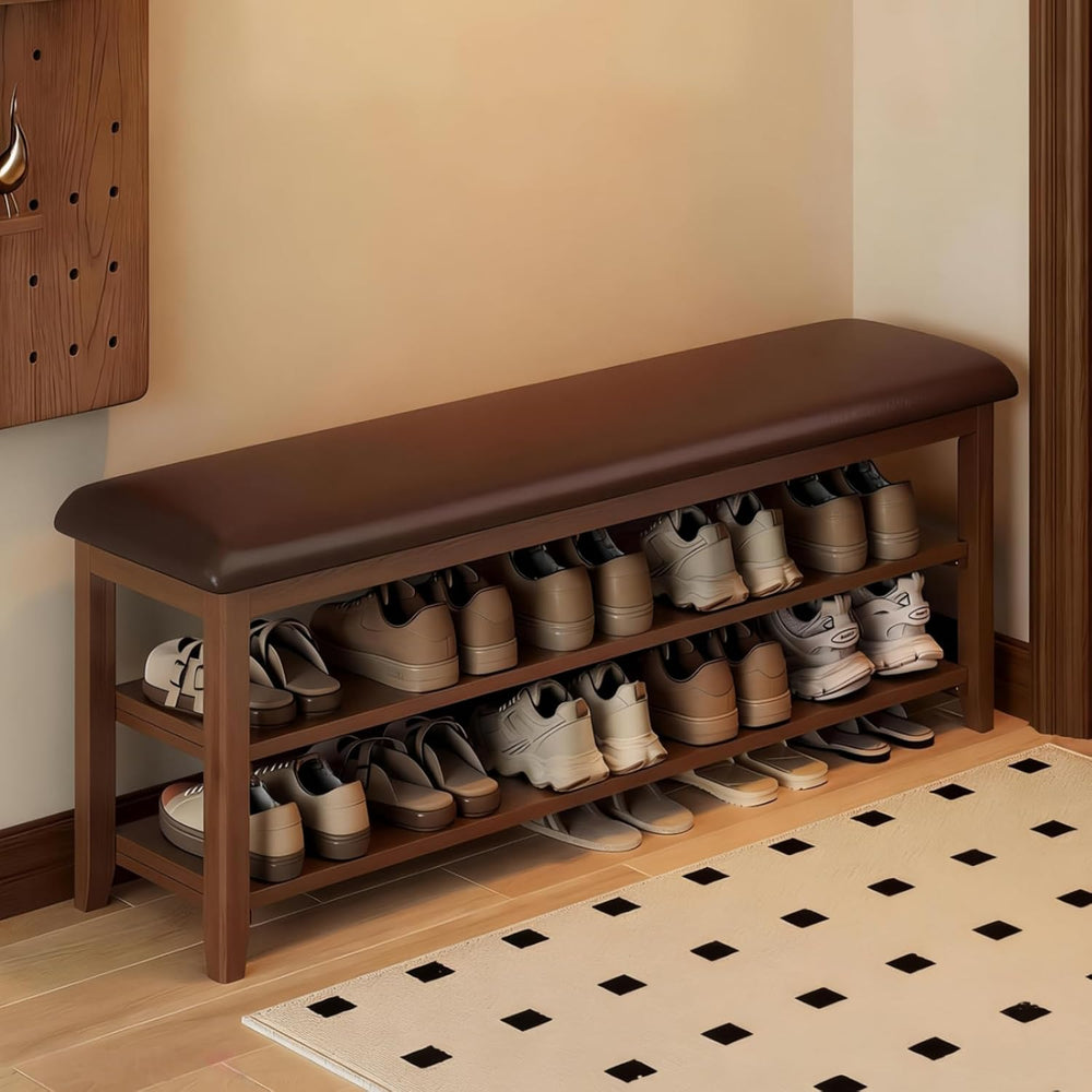Wooden Shoe Storage Bench with Leather Cushion, Dark Brown, 39.4"