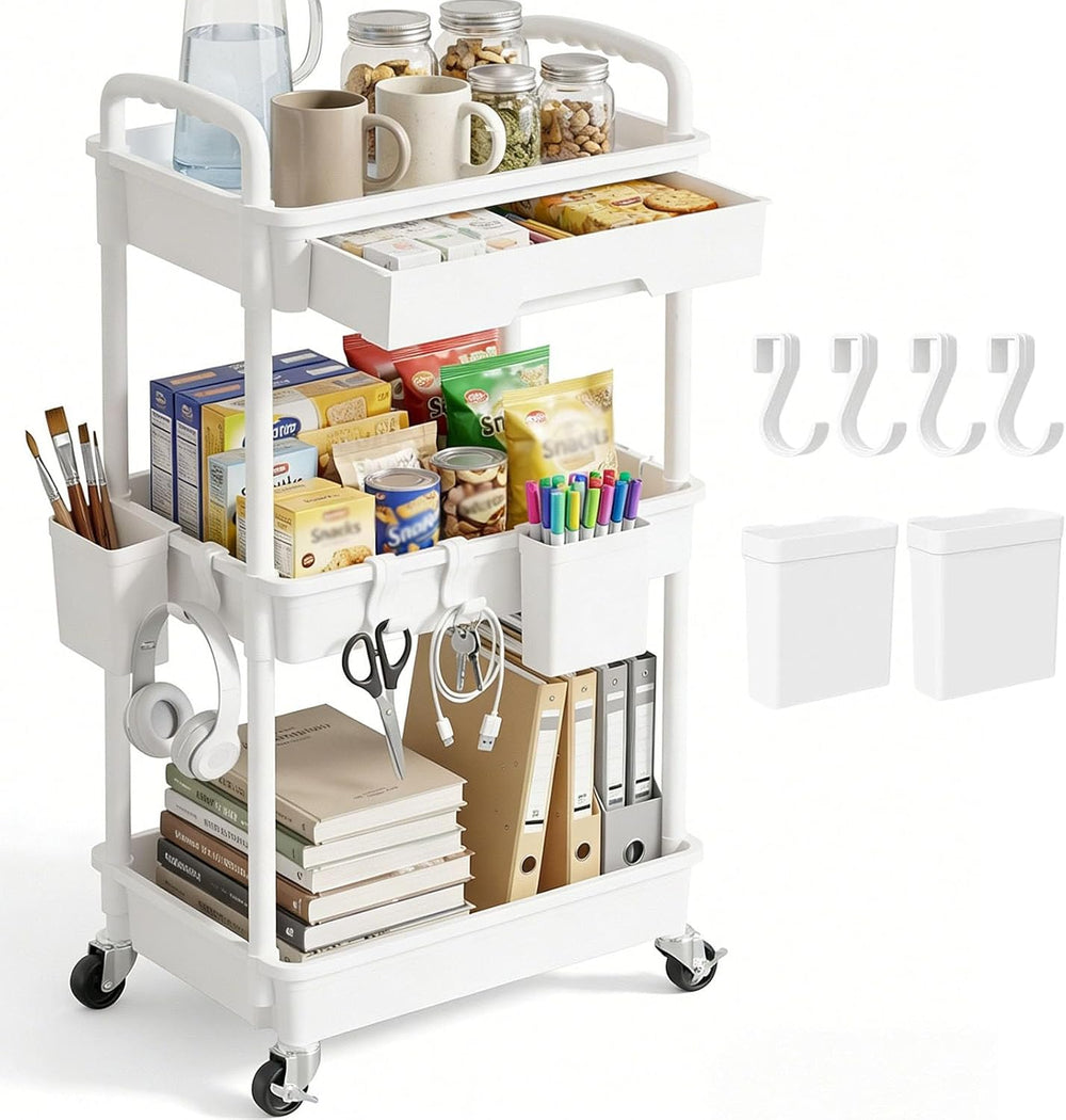 3 Tier Rolling Utility Cart with Drawer, Plastic Storage Organizer Rolling Ca...