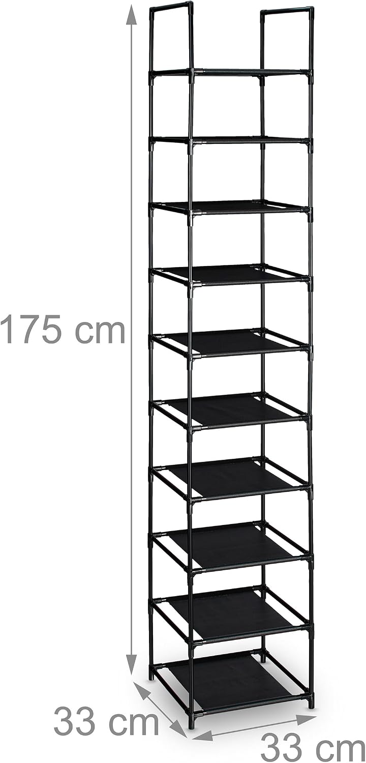 Relaxdays Shoe Rack, 10 Tiers, Narrow Metal Frame, Fabric Levels, Plug Togeth...