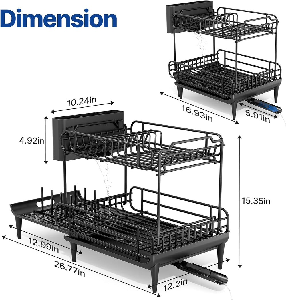 Urackify Dish Drying Rack for Kitchen Counter, Expandable 2 Tier Dish Rack, L...