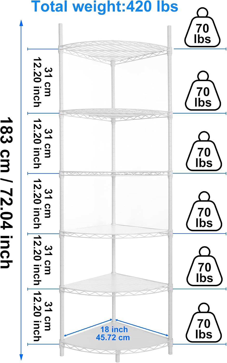 6 Tier NSF Metal Corner Shelf Wire Shelving Unit, 420lbs Capacity Heavy Duty ...