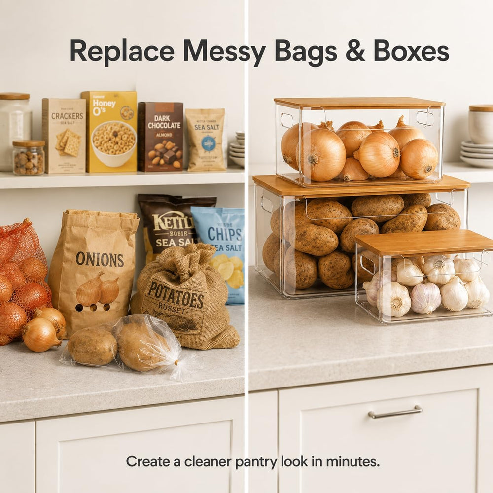 3 Pack Pantry Organizers and Storage Bins with Bamboo Lids,Trash Bag Holder