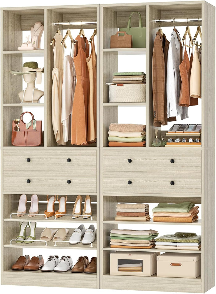 Besiost Closet System, 55.5"/4.6 FT Closet Organizer System with Drawers and Shelves, Walk-in Closets Systems for Small Closets, Free Standing Reach in Closet Tower, Load 1200+LBS, Greige 2 Pack