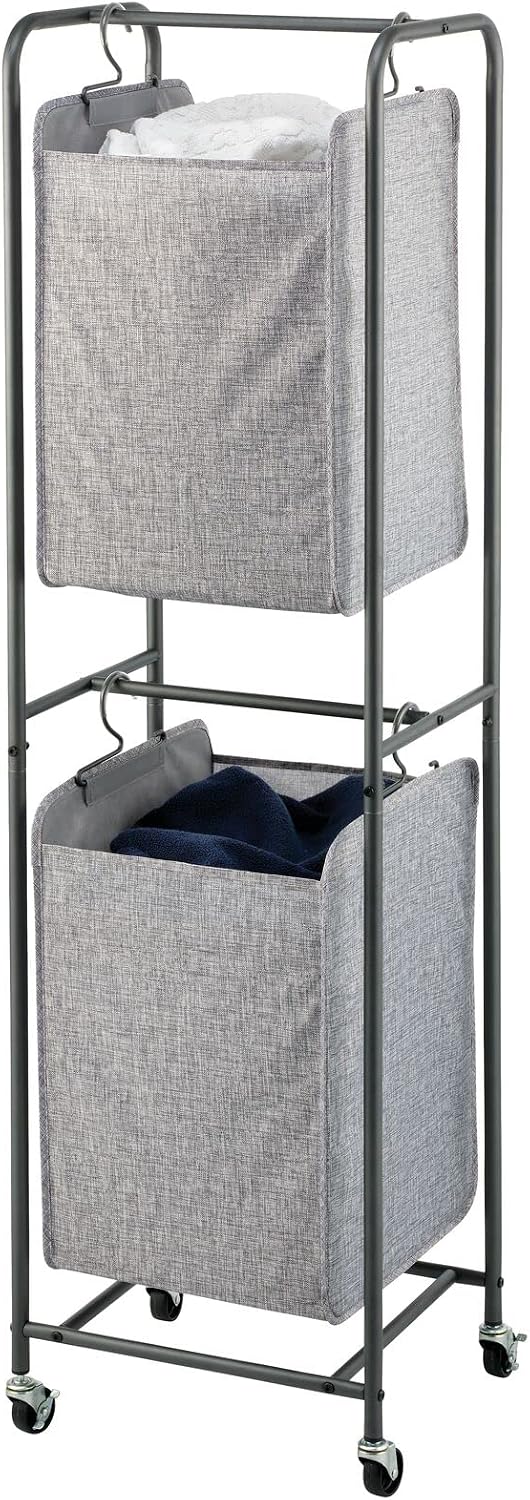 mDesign Vertical Stacked Laundry Hamper Basket with Wheels, Portable, 2 Remov...