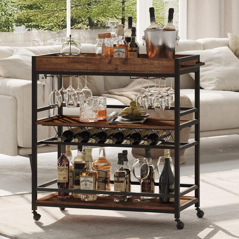 Rolling Bar Cart on Wheels for Home with Wine Rack, Glass Holder
