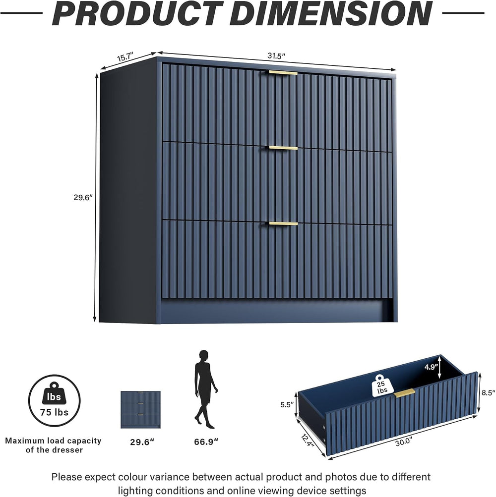 Fluted 3 Drawer Dresser for Bedroom, 31.5" Wide Chest of Drawers, Navy Blue