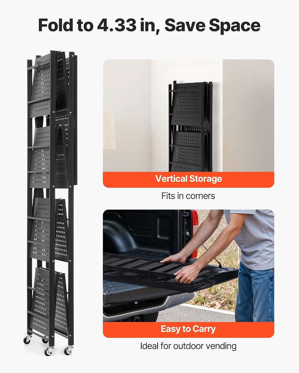 VEVOR 5-Tier Foldable Storage Shelf, 28W x 15D x 64H Inch Folding Metal Rack ...