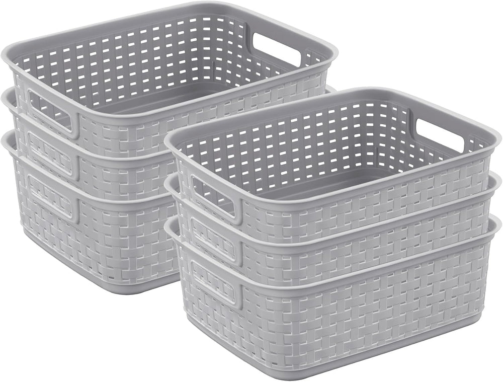 Sterilite Short Weave Basket, Rectangular Plastic Décor Bin, Gray, 6 Pack