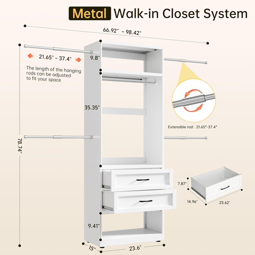 79"H Metal Walk In Closet System with 4 Expandable Hanging Rods