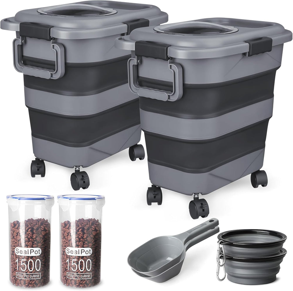 Dog Food Storage Container，2 Pack 25 lbs Airtight Collapsible Cat Food Storag...