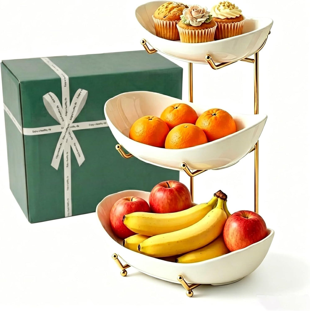 3-Tier Ceramic Fruit Bowl, Metal Stand with Anti-Slip Silicone
