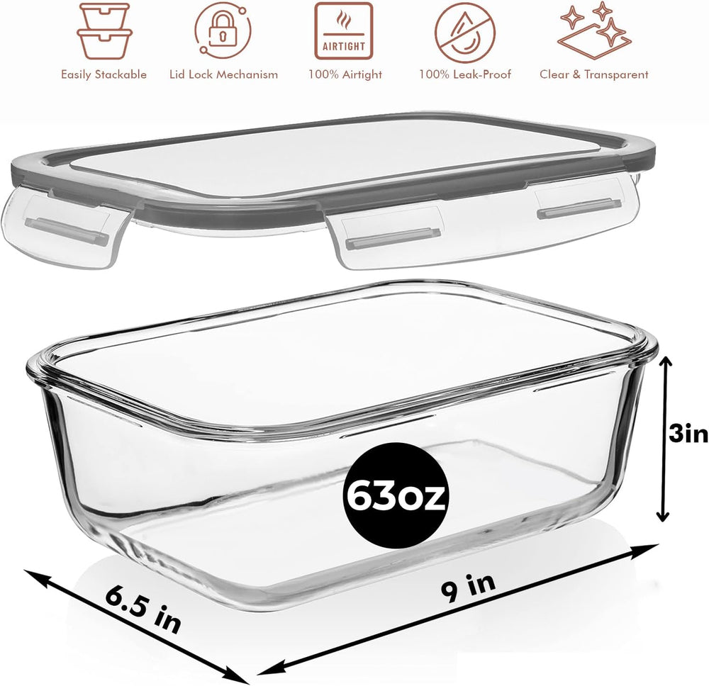 8 Cups/ 63 Oz 4 Piece (2 containers + 2 Lids) Large Glass Food Storage/ Bakin...