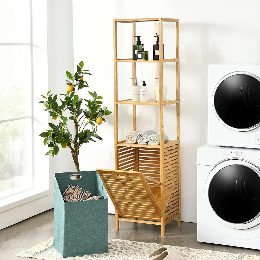 4 Tier Bamboo Shelves with Tilt Out Laundry Hamper, Freestanding Storage Shel...