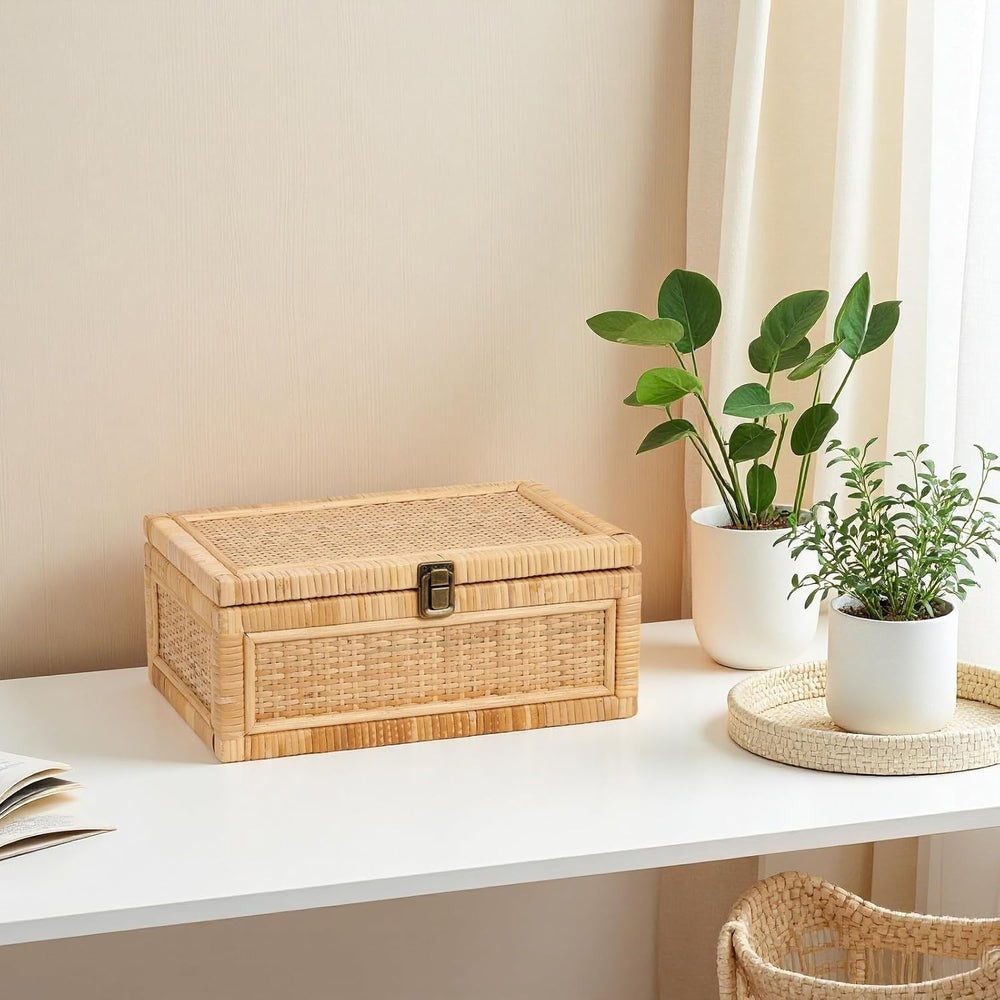 Rattan Box with Lid Decorative Natural Handmade Boho Baskets