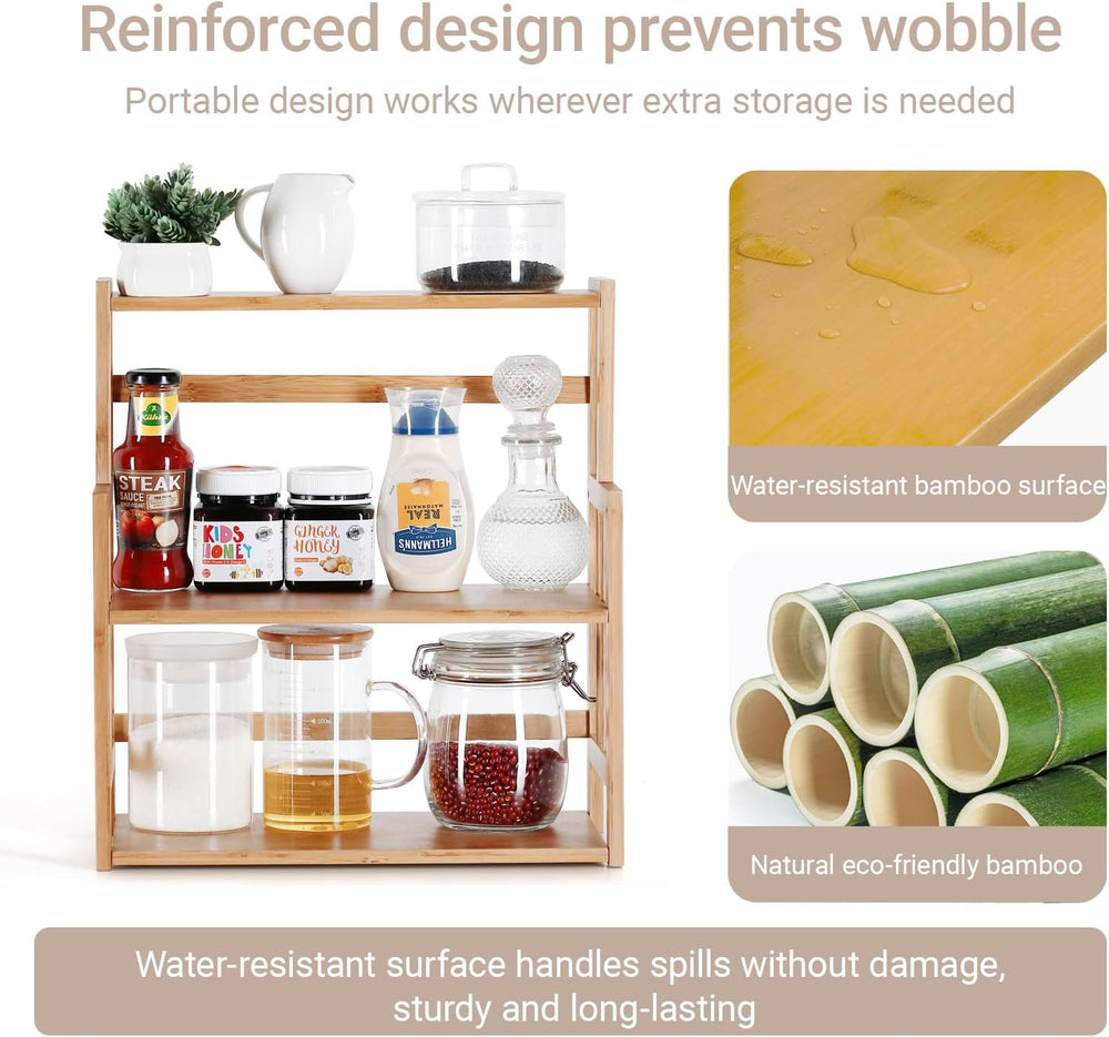 Bamboo Spice Rack 3-Tier Kitchen Countertop Organizer, Adjustable Shelf Pantr...