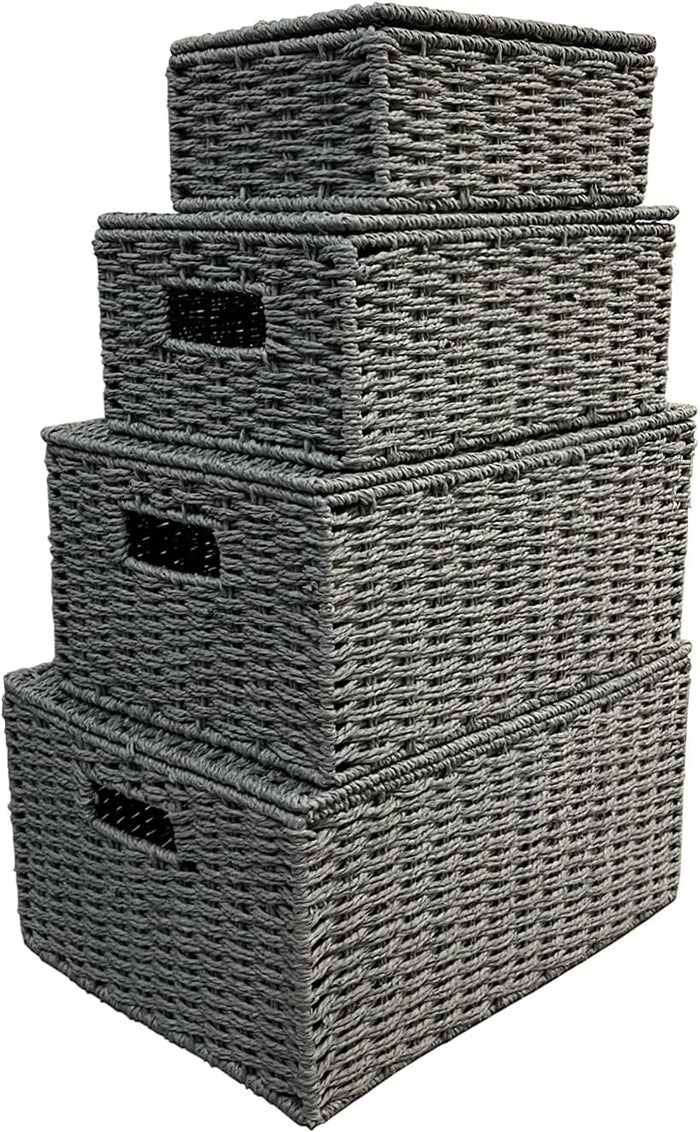 Arpan Set Of 4 Paper Rope Storage Hamper Basket With Lid - Including Xlarge,Large,Medium,Small (Grey)