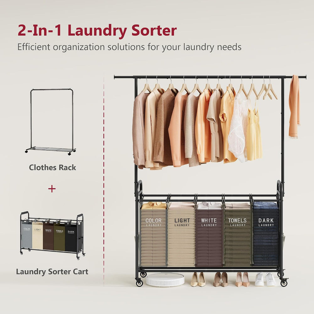 Tajsoon Laundry Sorter Cart with Hanging Rack, 5 Section, 5 Colors