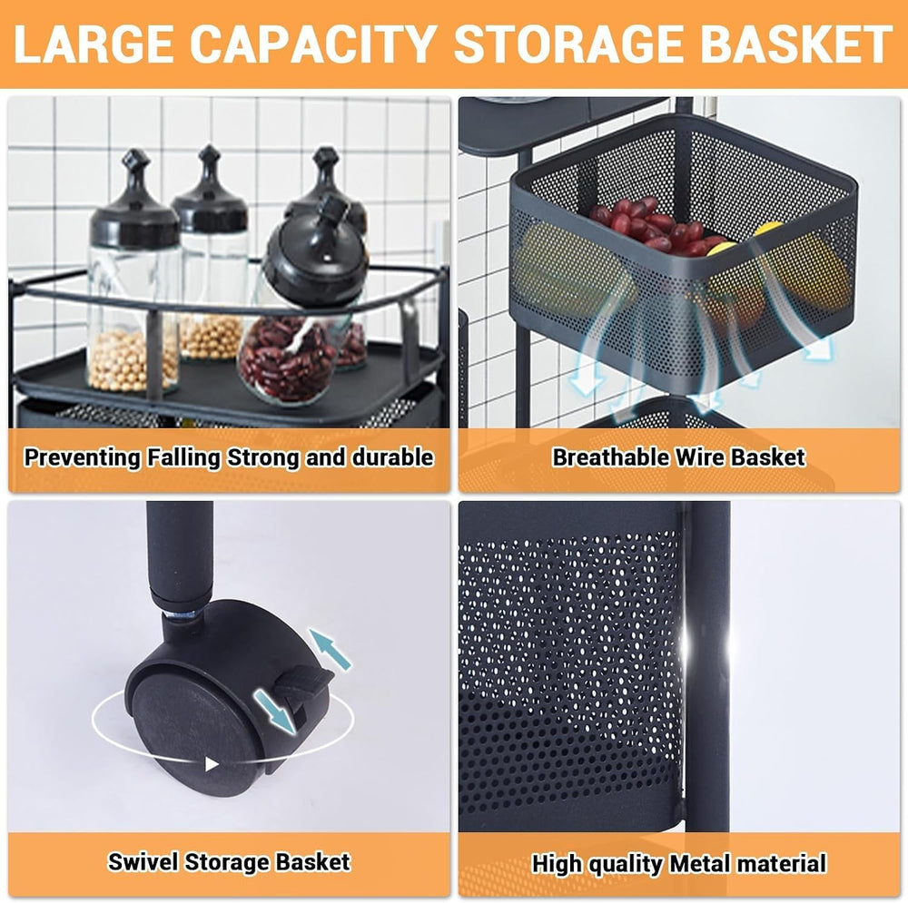 5 Tier Rotating Rolling Storage Cart with Top Lid & 360° Wheels, Metal Me...