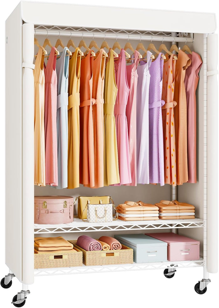 ULIFHOME P6C Plus Rolling Clothes Rack with Cover, Covered Clothing Rack