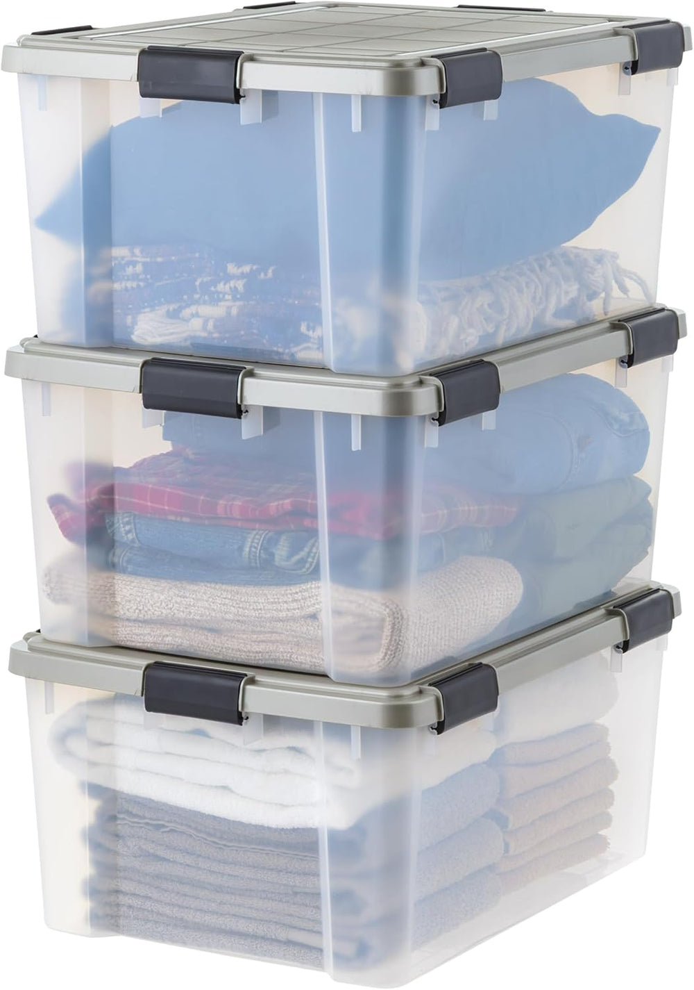 IRIS USA 3-Pack 60 Qt Storage Bins with Gasket Lids, Clear/Chrome