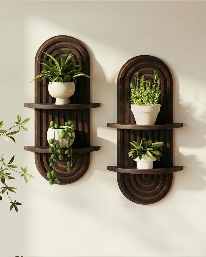 Bamworld Boho Wall Decor Plant Wall Shelf Wood Plant Holder Walnut 2PCS