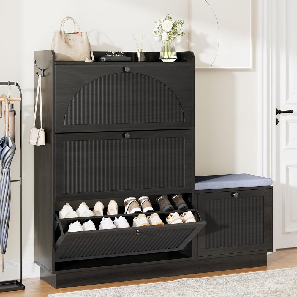 Shoe Storage Cabinet for Entryway with 4 Flip Drawers & Bench (Black)