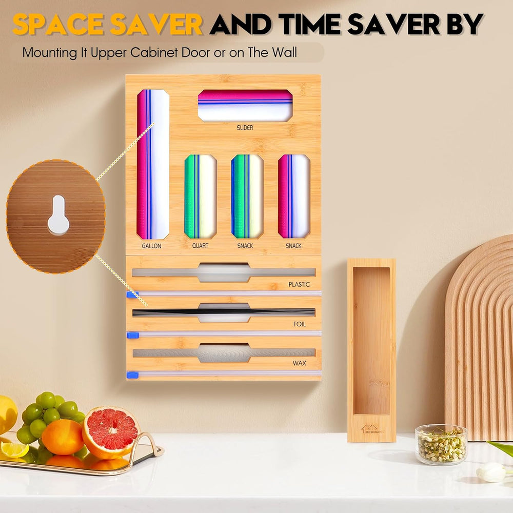 Bamboo Ziplock Bag Organizer for Kitchen Drawer & Wall Mount, Food Storag...