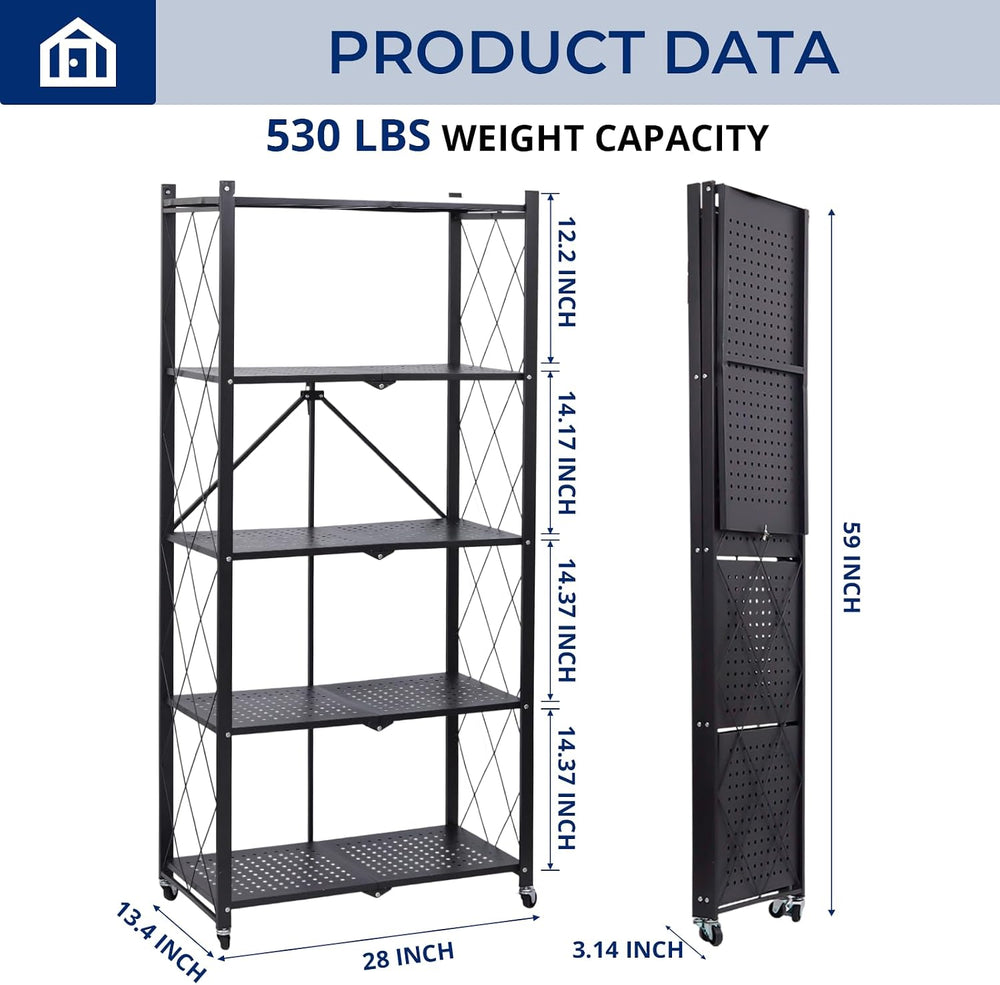 5 Tier Foldable Storage Shelf with Wheels, Heavy-Duty Metal Shelving Unit, No...