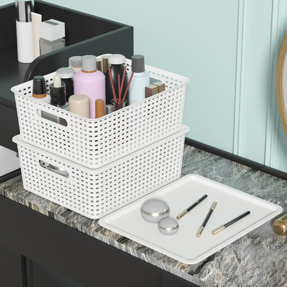 Hespama 6 Pack Plastic Weave Storage Basket, Stackable Lidded Organizer Bin