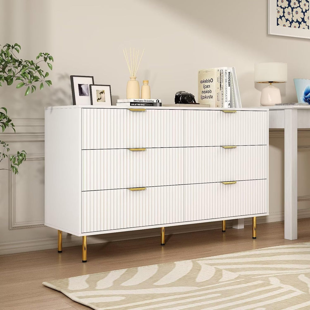 56" Wide Modern White Fluted 6 Drawers Dresser for Bedroom with Gold Handle