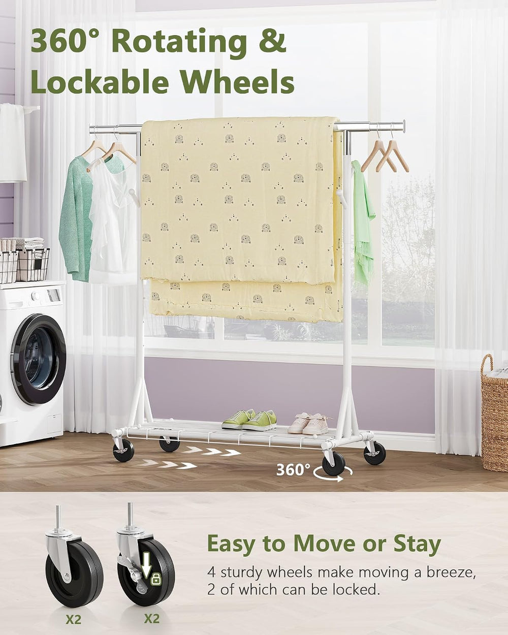 Hoctieon 1-Minute Assembly Clothes Rack, 480 lbs Heavy Duty Rolling Clothing ...