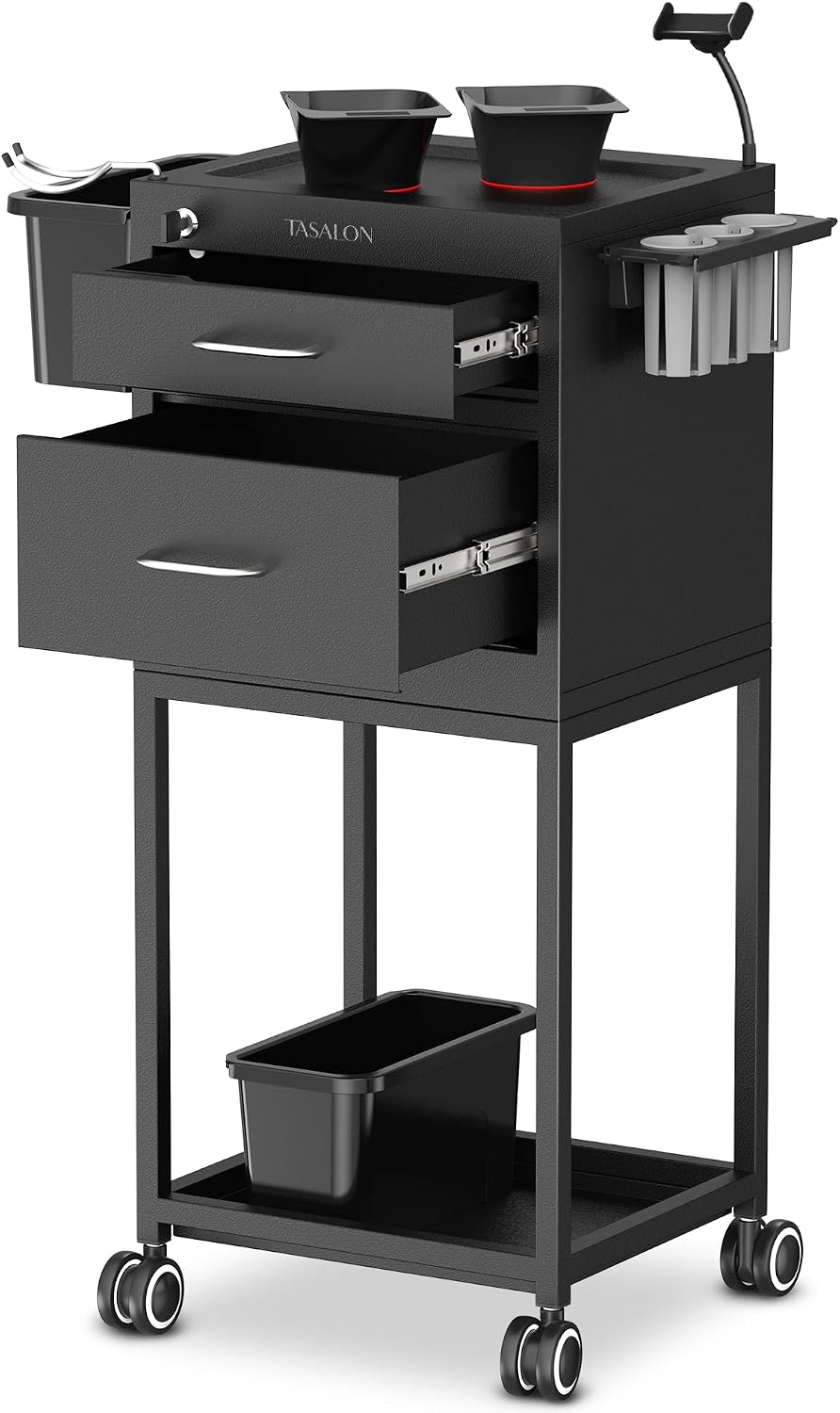 TASALON Wheeled Lockable Metal Salon Cart with Drawers & 2 Magnetic Bowls