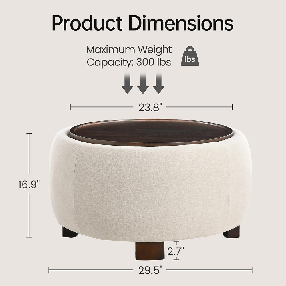 VKNOW 30 Inch Chenille Round Storage Ottoman with Wood Lift-Off Lid, Beige