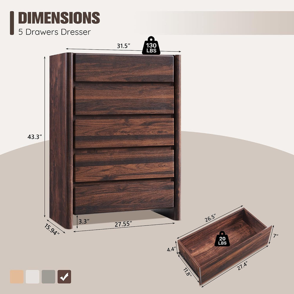 Modern 5 Drawers Dresser for Bedroom, Chests of Drawers-Brown