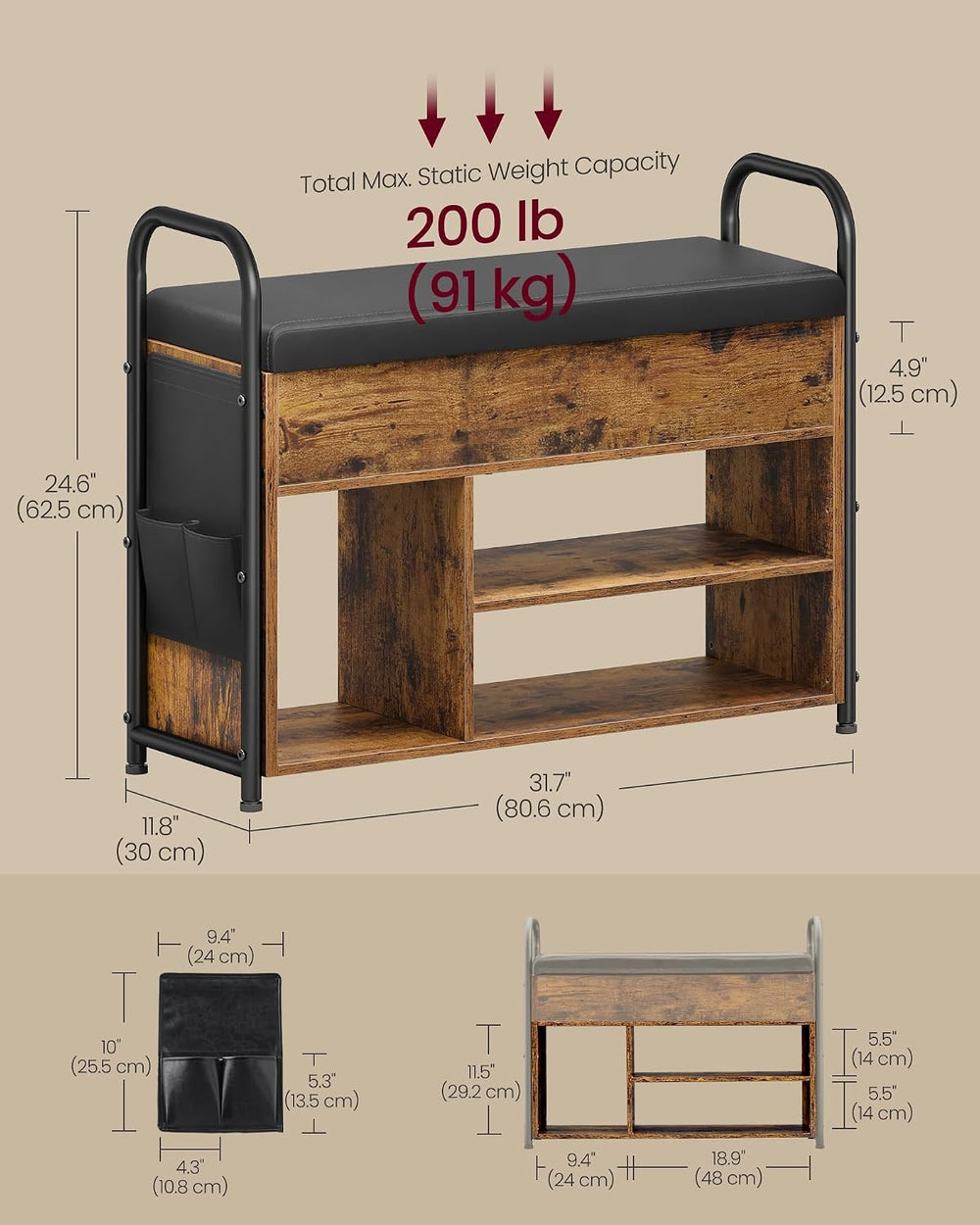 VASAGLE Shoe Bench, Shoe Rack, Inner Storage Under the Lid