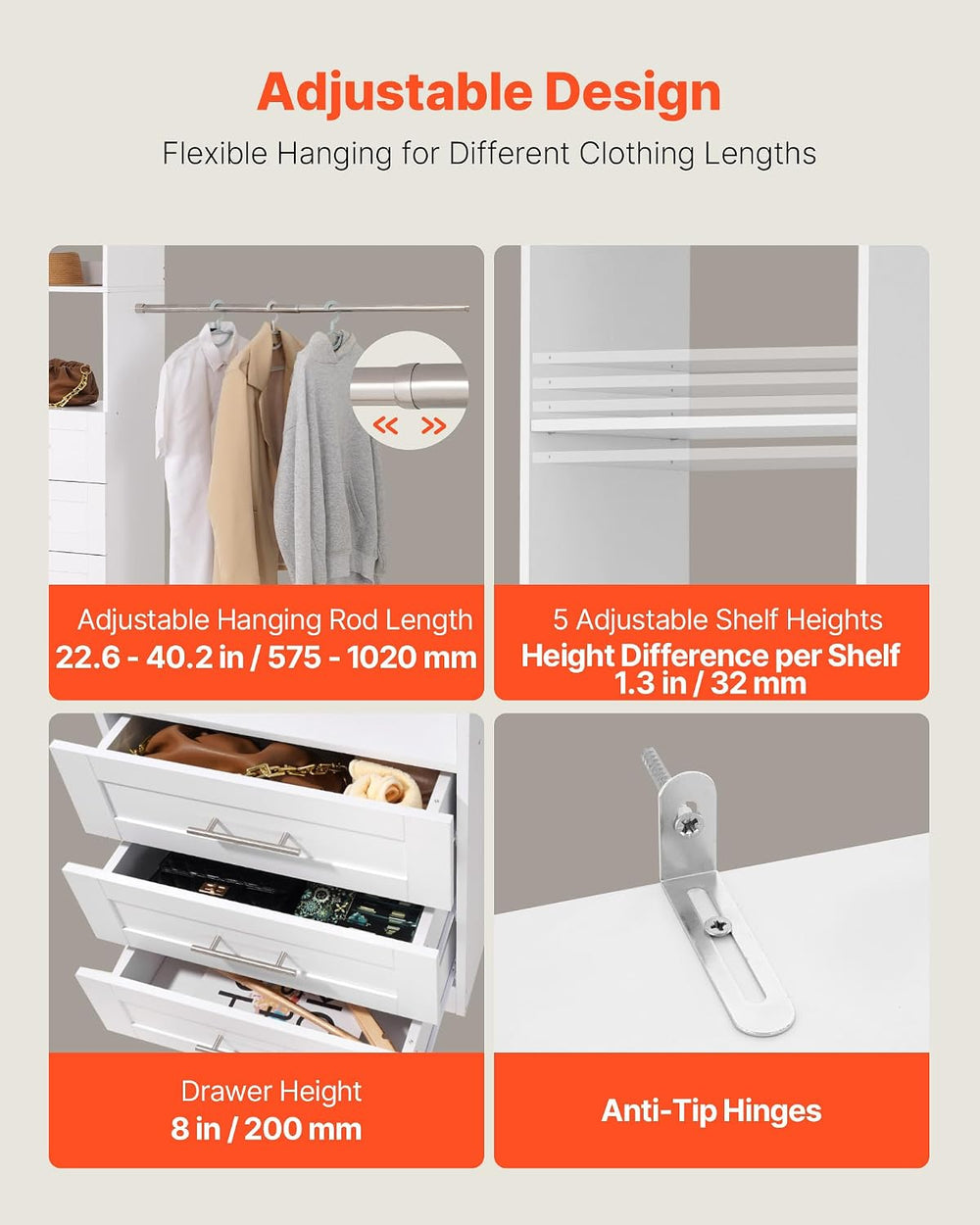 VEVOR Closet System with 3 Drawers, Adjustable Height Wooden Closet Organizer...