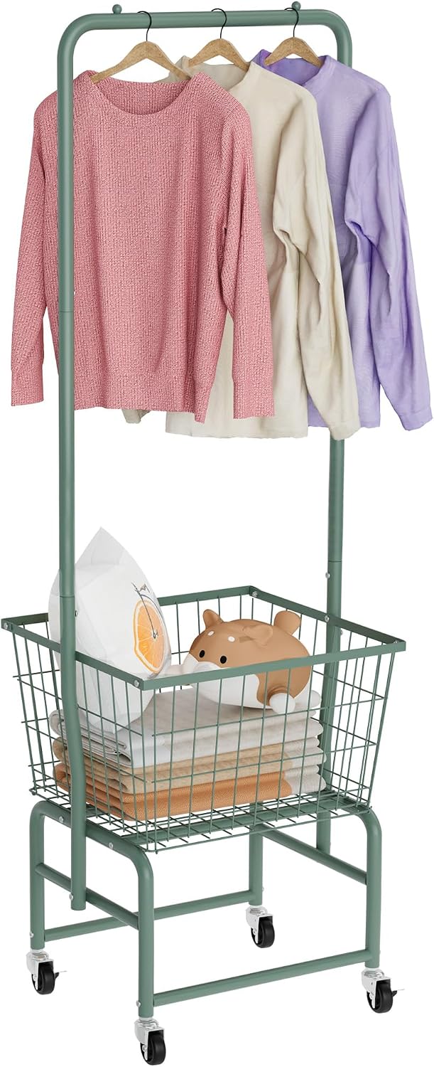 Rolling Laundry Cart with Wheels, Laundry Hamper Basket Organizer with Clothe...