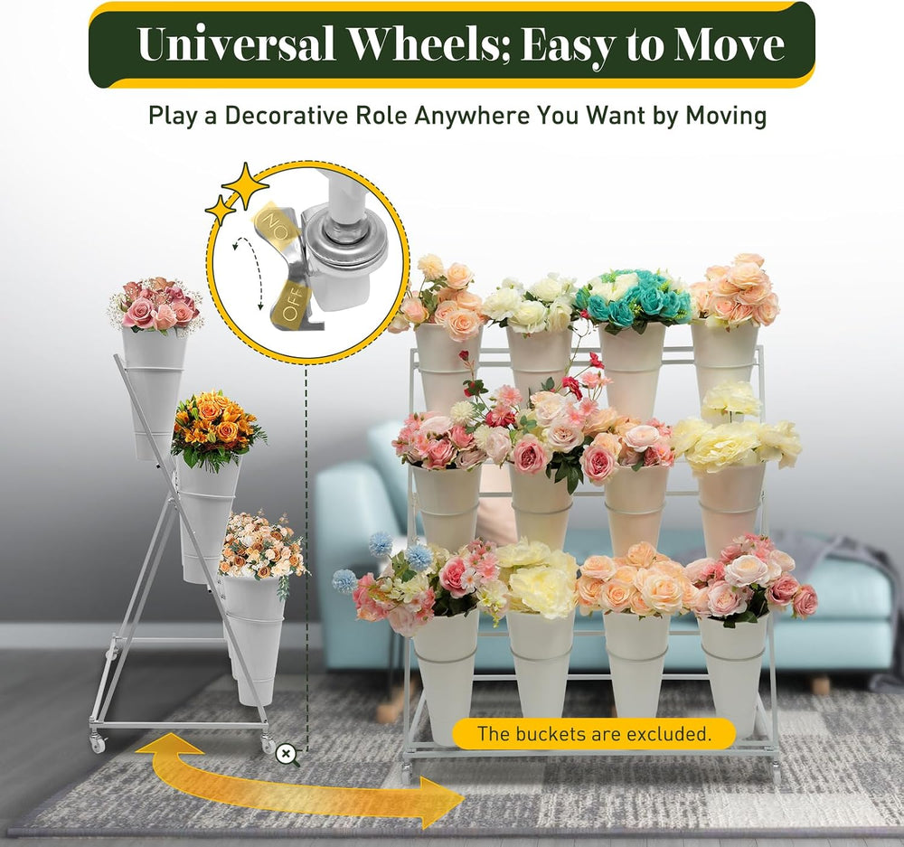 3 Tier Metal Flower Display Stand Frame with 12pcs Buckets,Stepped Flower Pla...