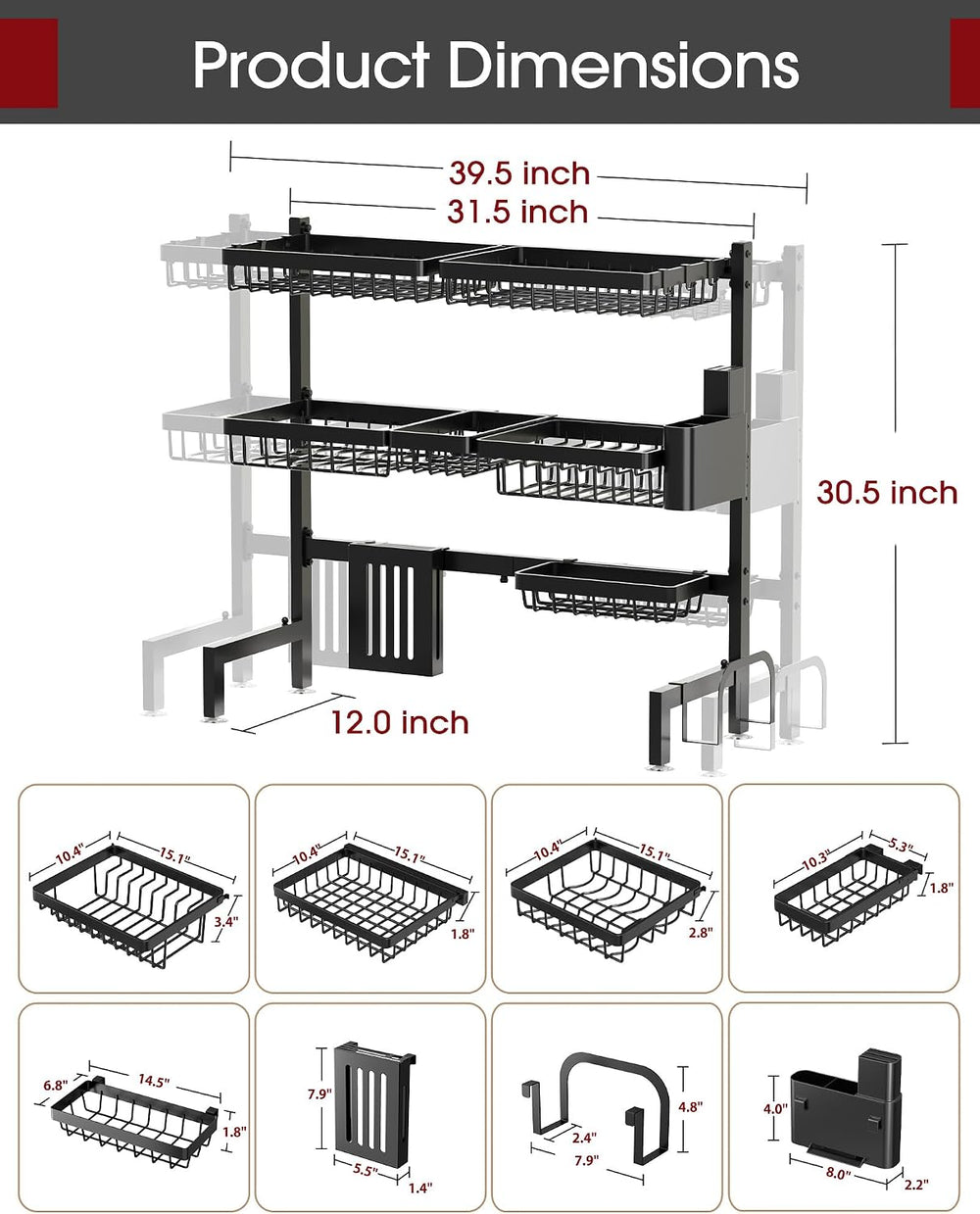 Sakugi Over The Sink Dish Drying Rack - Adjustable 3 Tier XX-Large Capacity S...