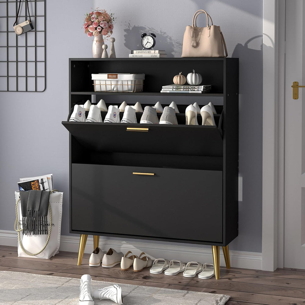 JOZZBY Shoe Storage Cabinet with 2 Flip Drawers and Open Shelves, Black丨Hidde...