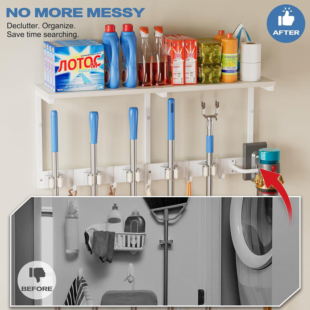 Broom Holder Wall Mount with Cleaning Supplies Organizer, Laundry Room Organi...