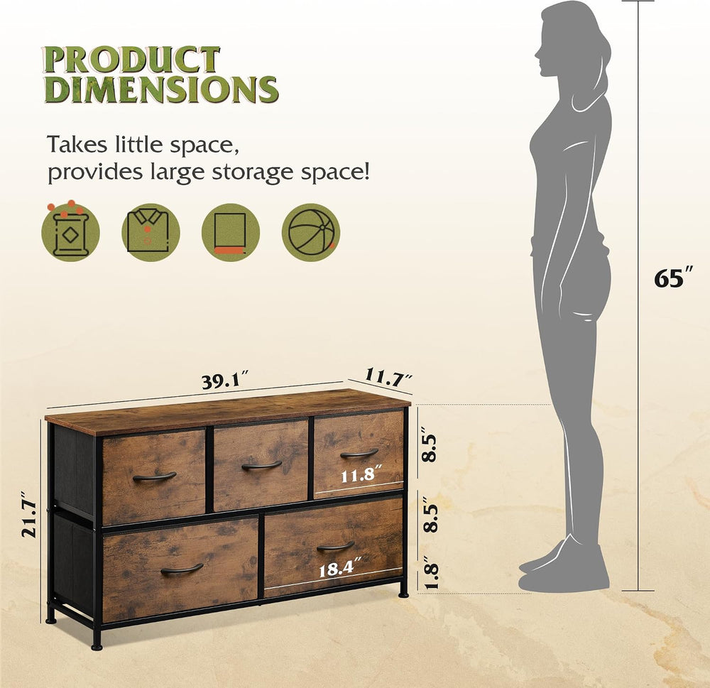 WLIVE Wide Dresser for Bedroom, 5 Drawer Chest of Drawers, Rustic Brown