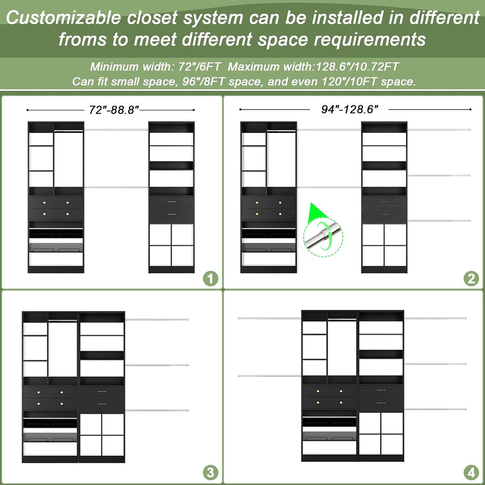 Besiost Closet System, Up to 128.6"/10.7 FT Closet Organizer with 4 Wood...