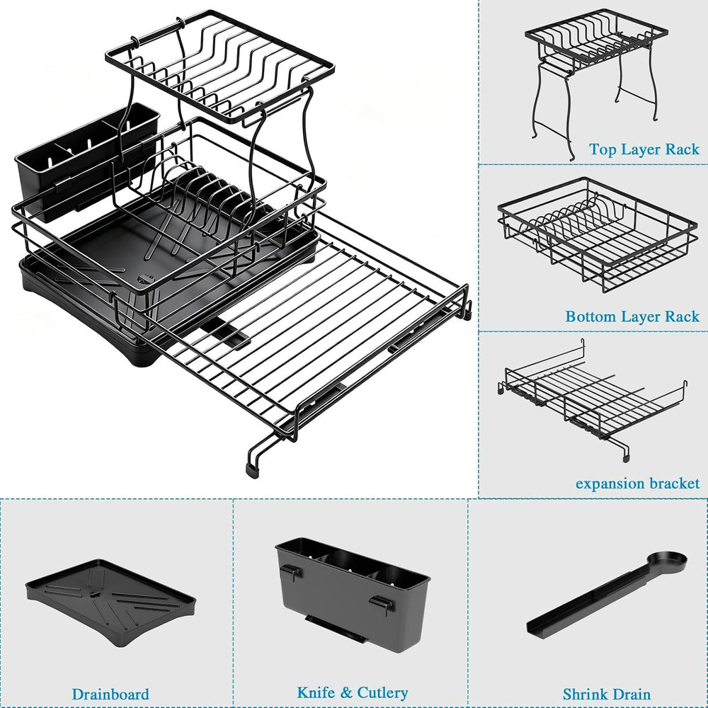 2 Tier Dish Drying Rack, Large Extendable Dish Racks for Kitchen Counter , Di...