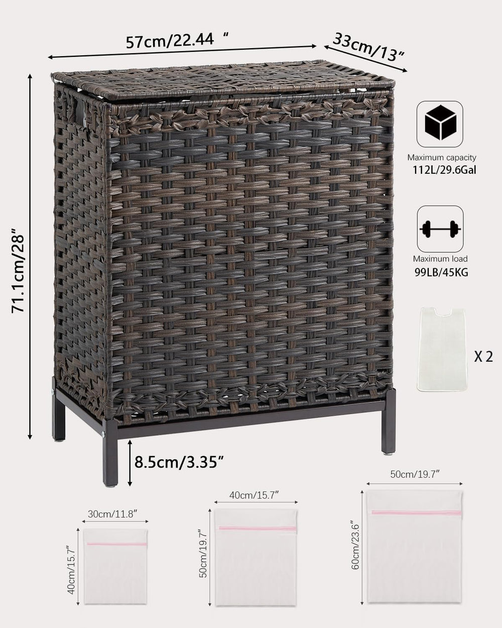 SETVSON Laundry Hamper with Lid, 29.6 Gal 2-Bag Clothes Sorter, Brown