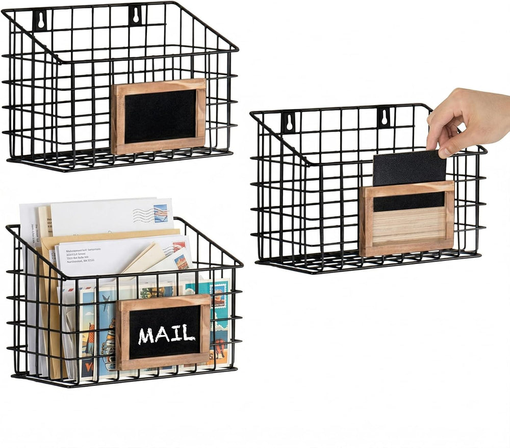MyGift 10 Inch Wall Mounted Matte Black Metal Wire Storage Baskets with Chalk...