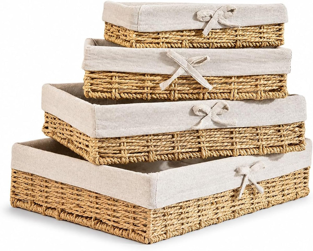 Baskets for Shelves Set of 4, Woven Paper Rope Storage, Khaki